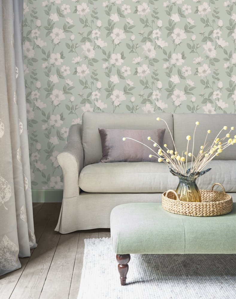Fleurir Wallpaper - Smoke Green - Laura Ashley - 114917 - Premier Wallcovering
