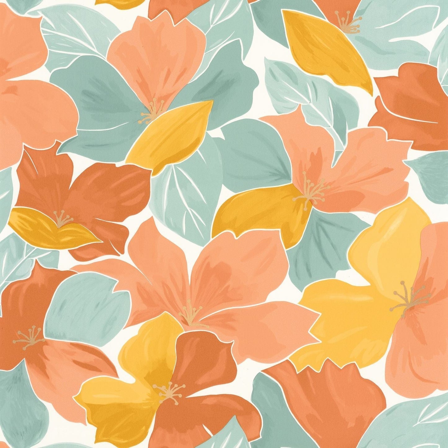 Flower Power August Wallpaper - Vert D'eau Ocre Corail - Caselio - 101887023