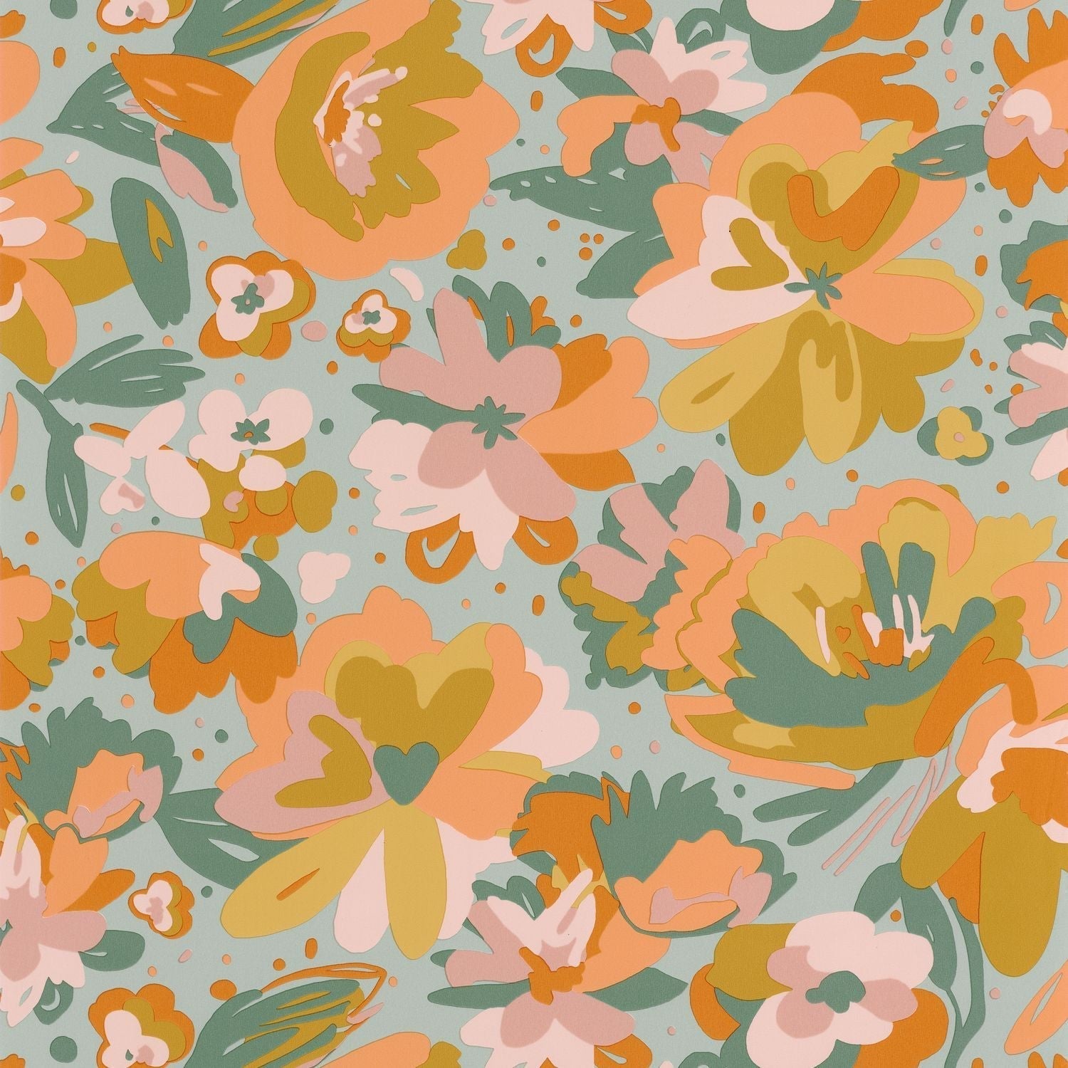 Flower Power July Wallpaper - Vert D'eau Ocre Corail - Caselio - 101877023