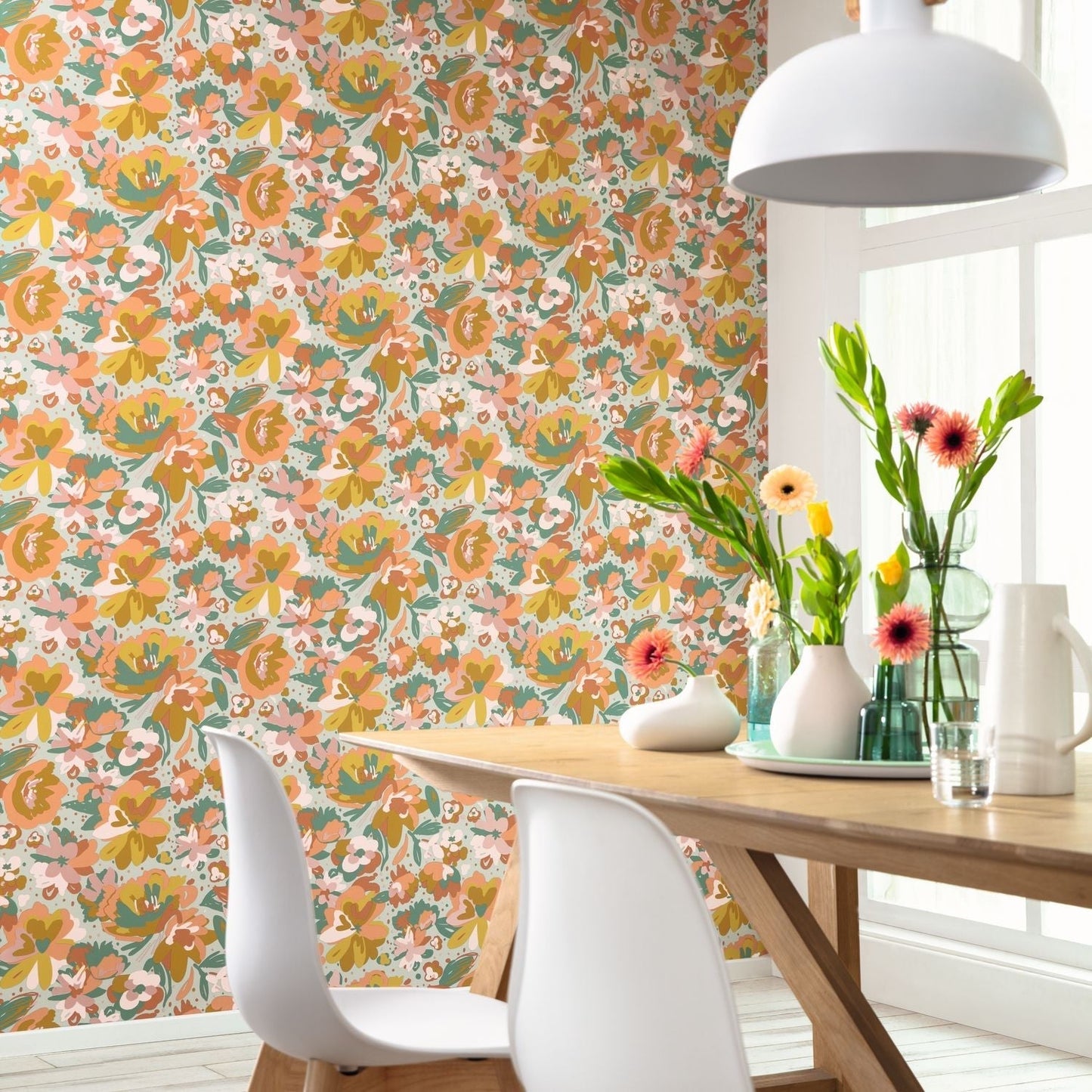 Flower Power July Wallpaper - Vert D'eau Ocre Corail - Caselio - 101877023