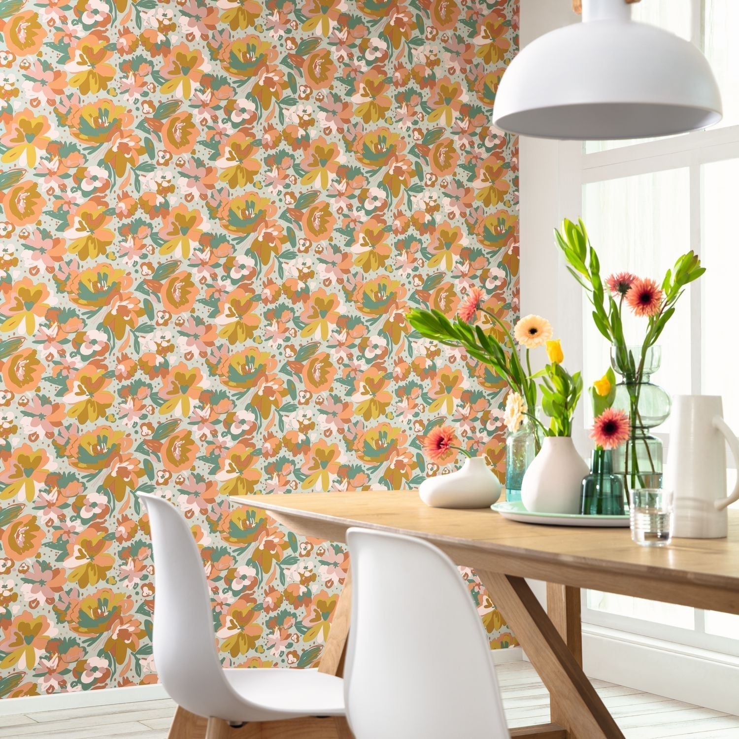 Flower Power July Wallpaper - Vert D'eau Ocre Corail - Caselio - 101877023