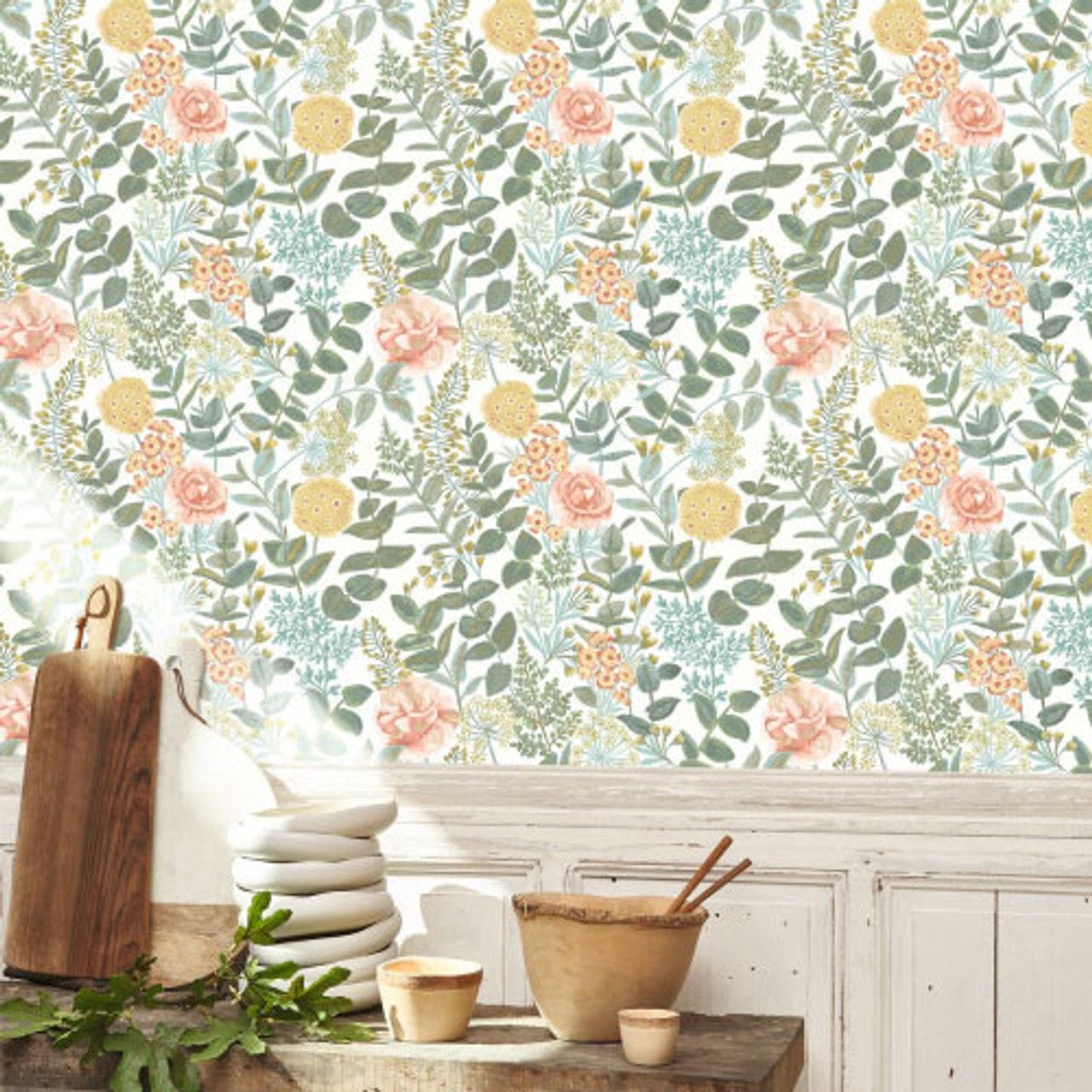 Garden Flowers Soliflore Wallpaper - Rose / Jaune - Casadeco - 200314242 - Premier Wallcovering
