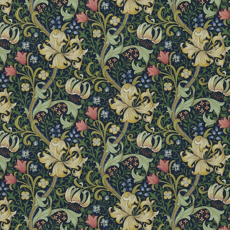 Golden Lily Fabric - Midnight/Green - Morris & Co - DMC1G3202 - Premier Wallcovering