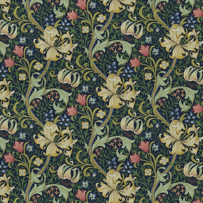 Golden Lily Fabric - Midnight/Green - Morris & Co - DMC1G3202 - Premier Wallcovering