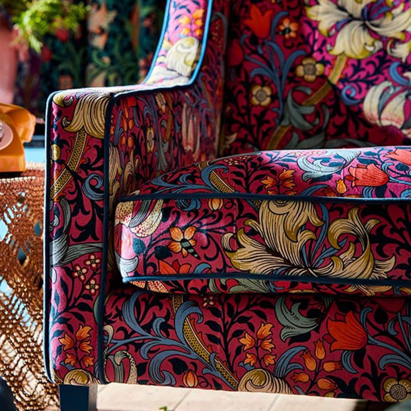 Golden Lily Fabric - Midnight/Green - Morris & Co - DMC1G3202 - Premier Wallcovering