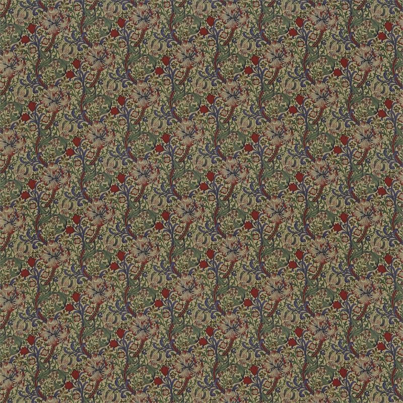 Golden Lily Minor Fabric - Biscuit/Indigo/Red - Morris & Co - DMC1G4203 - Premier Wallcovering