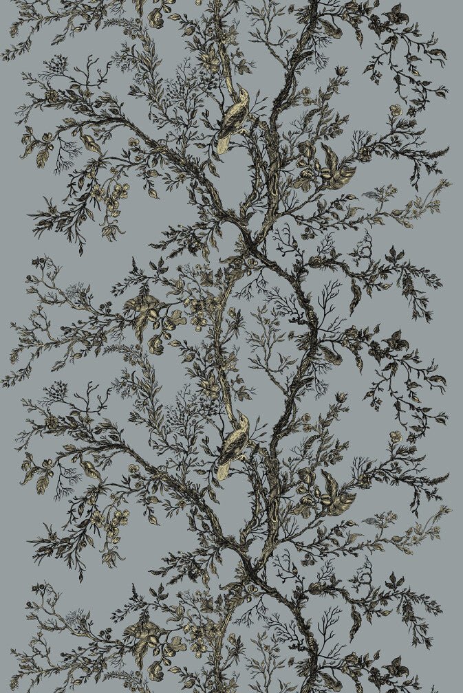 Golden Oriole Velvet Fabric - Black & Gold on Pewter - Timorous Beasties - GOR/40903/01 - Premier Wallcovering