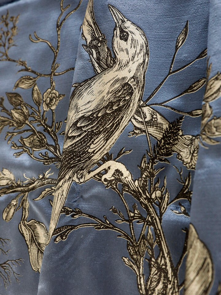 Golden Oriole Velvet Fabric - Black & Gold on Pewter - Timorous Beasties - GOR/40903/01 - Premier Wallcovering