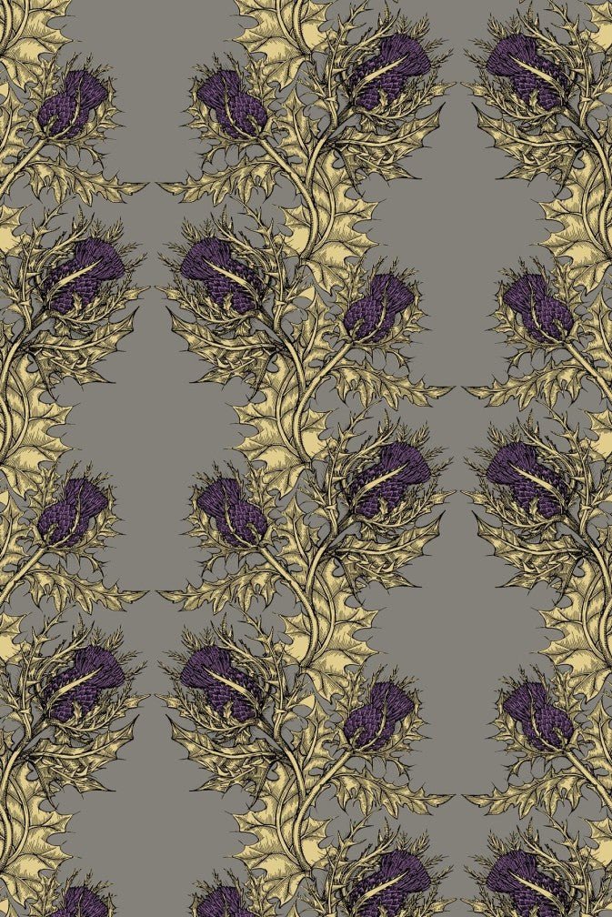 Grand Thistle Wallpaper - Gold & Purple on Grey - Timorous Beasties - EX/GRN/5006/WNW - Premier Wallcovering
