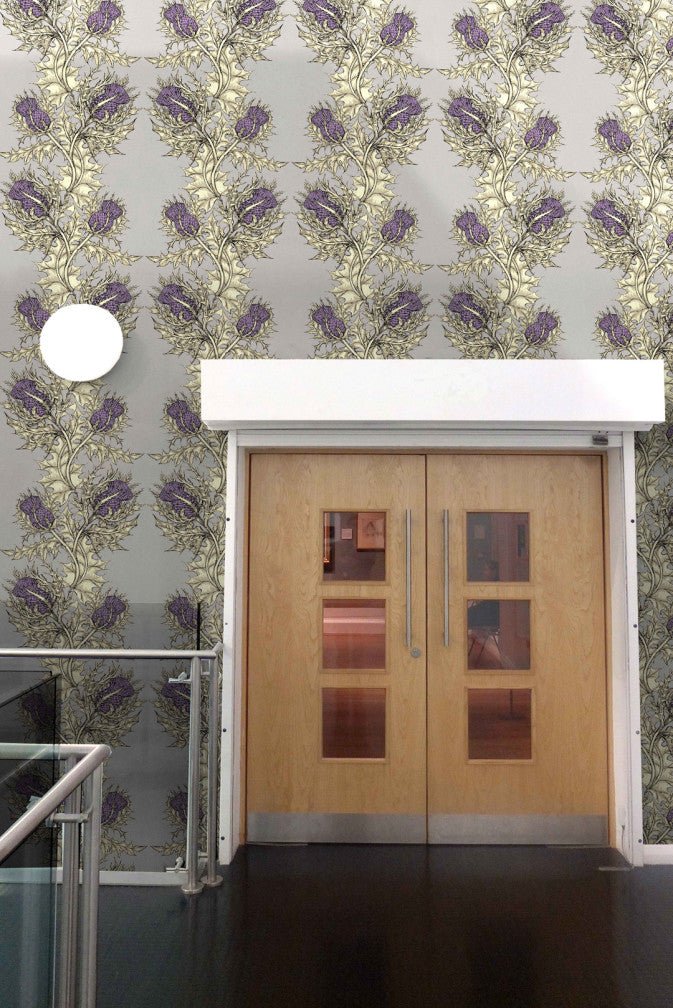 Grand Thistle Wallpaper - Gold & Purple on Grey - Timorous Beasties - EX/GRN/5006/WNW - Premier Wallcovering