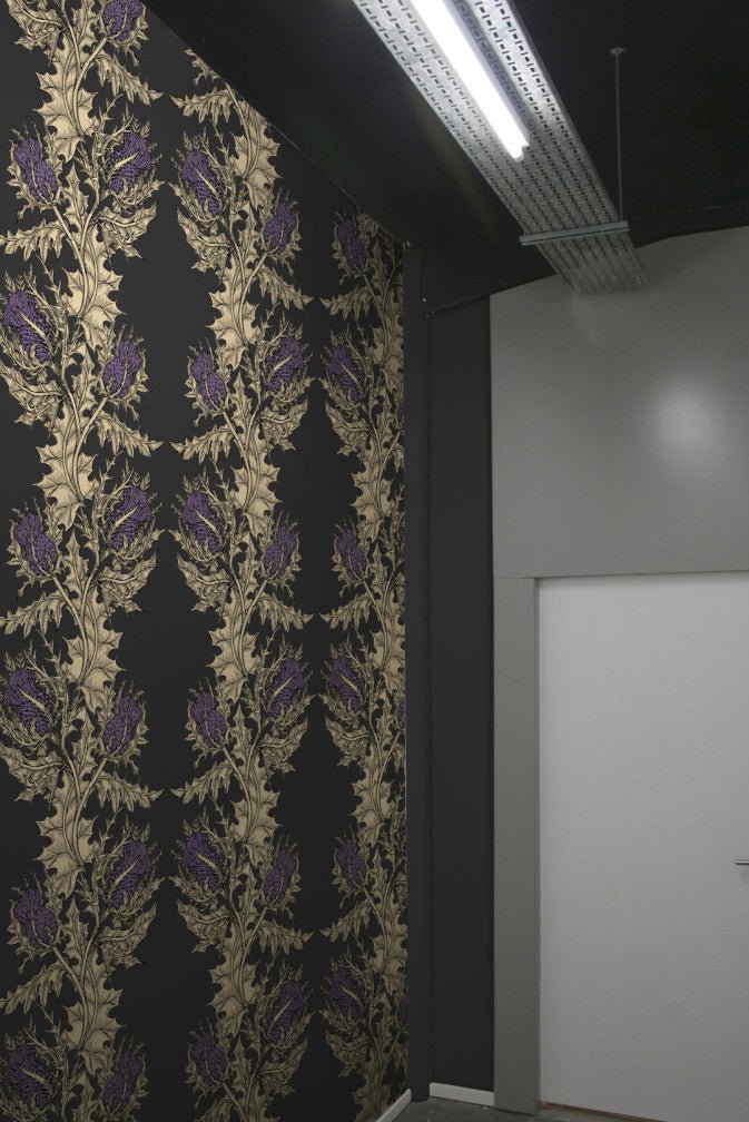 Grand Thistle Wallpaper - Gold & Purple on Black - Timorous Beasties - EX/GRN/4007/WNW - Premier Wallcovering