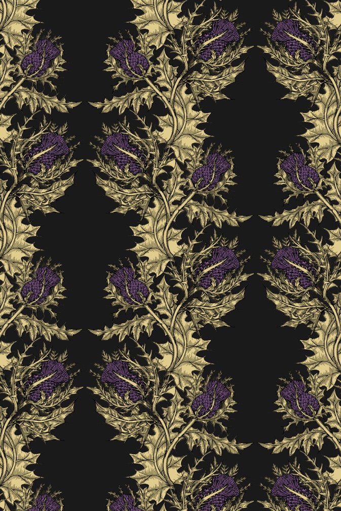 Grand Thistle Wallpaper - Gold & Purple on Black - Timorous Beasties - EX/GRN/4007/WNW - Premier Wallcovering