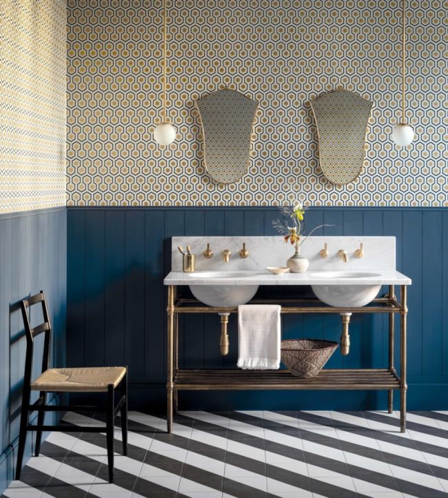 Hicks' Hexagon Wallpaper - Soot & Metallic Bronze on Slate Grey - 95/3015 - Cole & Son - Premier Wallcovering