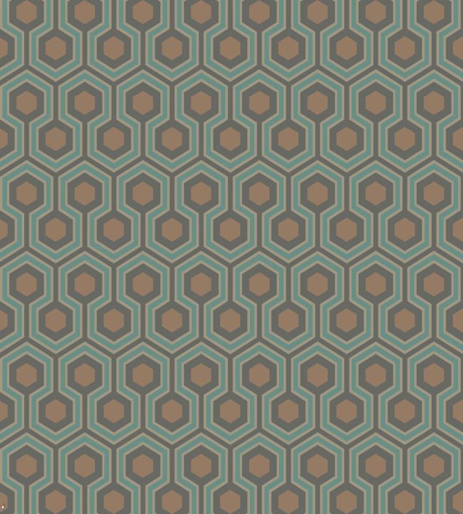Hicks' Hexagon Wallpaper - Teal & Metallic Bronze on Soot - 95/3018 - Cole & Son - Premier Wallcovering