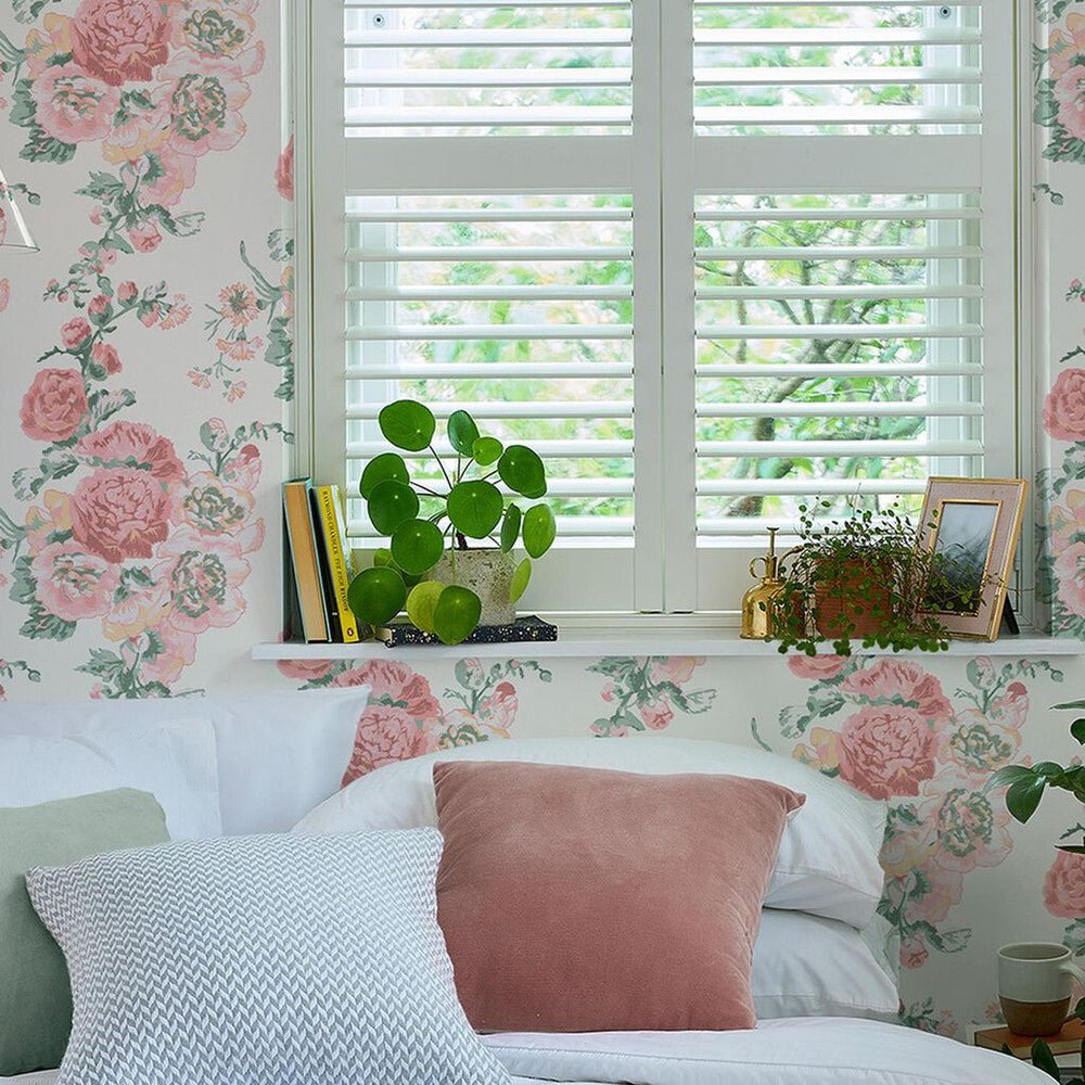Hollyhocks Wallpaper - Coral Pink - Laura Ashley - 118479 - Premier Wallcovering