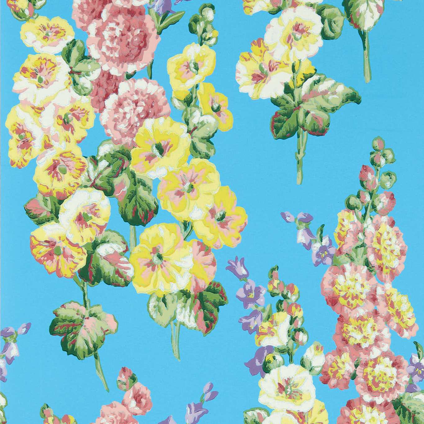 Hollyhocks Wallpaper - Fire Pink/Bright Blue - DOSW217033 - Sanderson