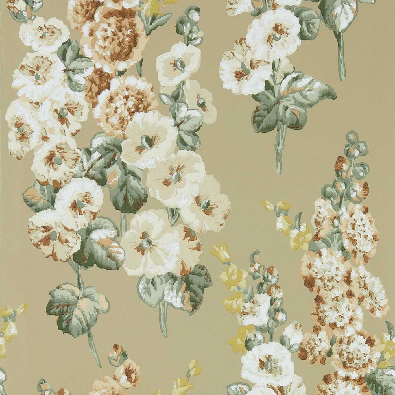 Hollyhocks Wallpaper - Gold Metallic/Tan - DOSW217034 - Sanderson