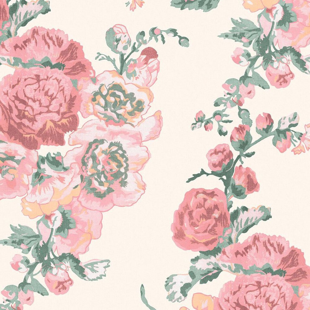 Hollyhocks Wallpaper - Coral Pink - Laura Ashley - 118479 - Premier Wallcovering