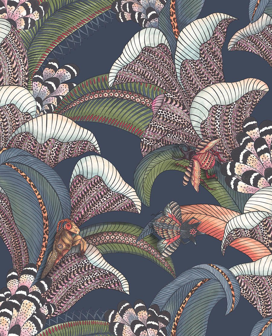 Hoopoe Leaves Wallpaper - Denim, Forest Green & Magenta on Midnight - 119/1006 - Cole & Son - Premier Wallcovering