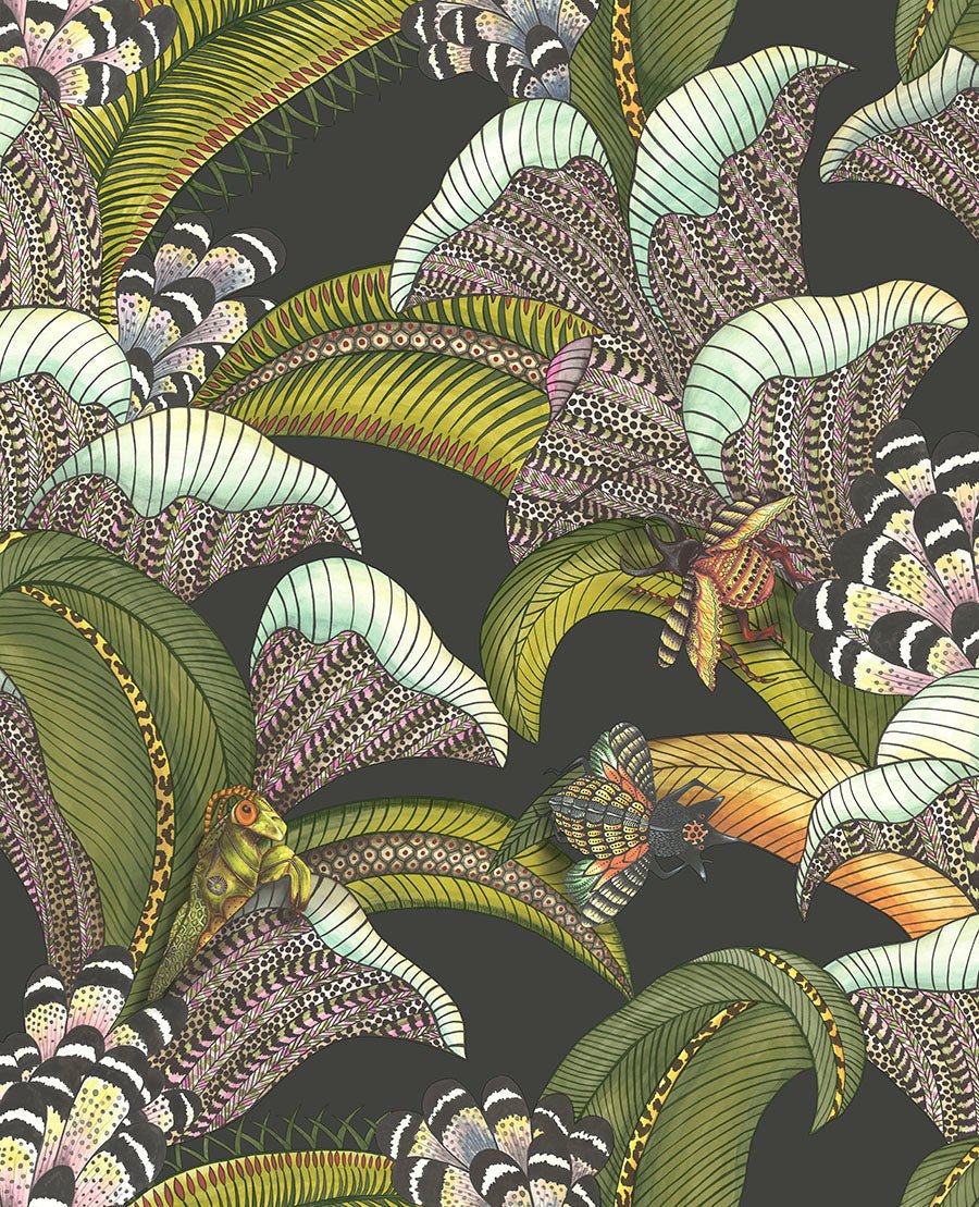 Hoopoe Leaves Wallpaper - Olive Green, Chartreuse & Fuchsia on Black - 119/1002 - Cole & Son - Premier Wallcovering