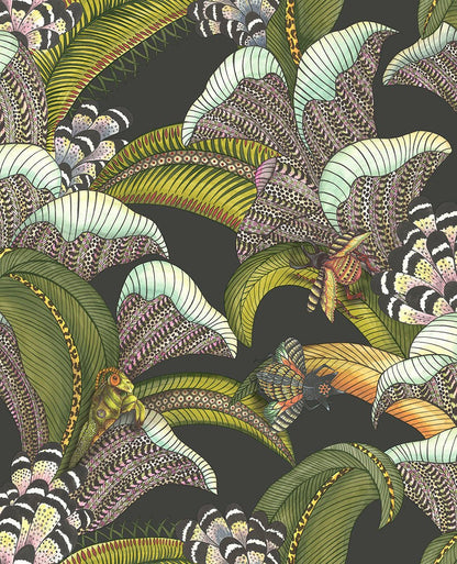Hoopoe Leaves Wallpaper - Olive Green, Chartreuse & Fuchsia on Black - 119/1002 - Cole & Son - Premier Wallcovering