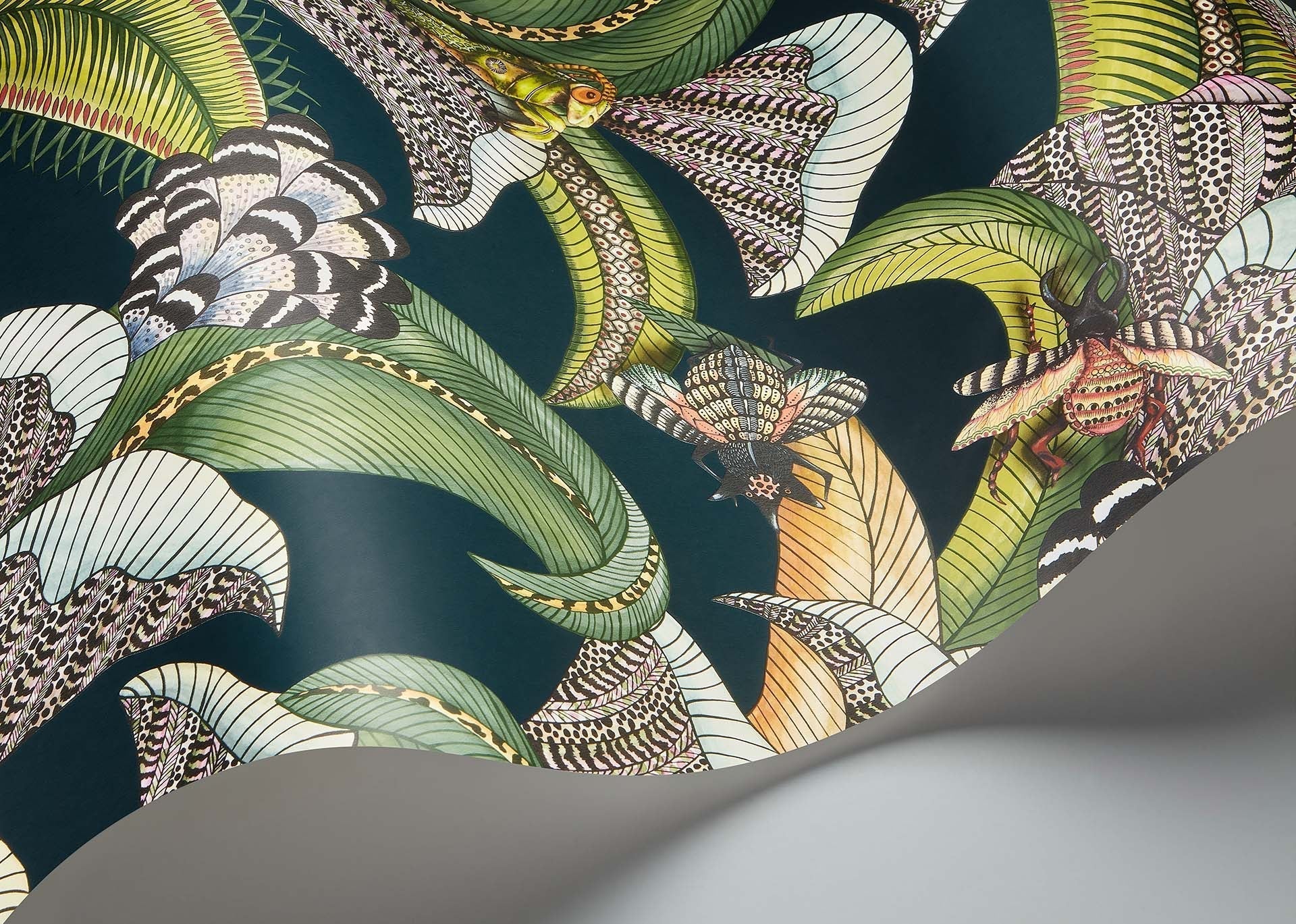 Hoopoe Leaves Wallpaper - Forest Green, Lime & Fuchsia on Dark Viridian - 119/1007 - Cole & Son - Premier Wallcovering