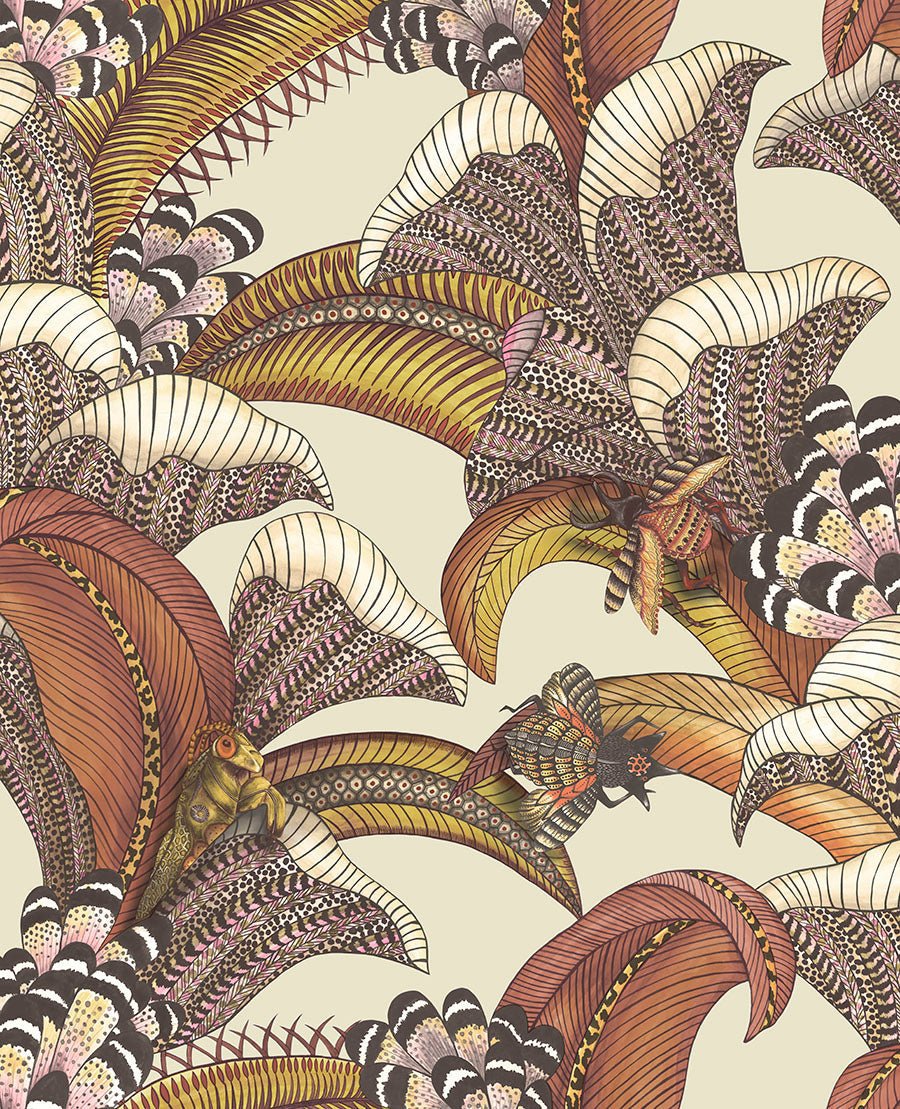 Hoopoe Leaves Wallpaper - Crimson, Canary Yellow, Fuchsia on Stone - 119/1004 - Cole & Son - Premier Wallcovering