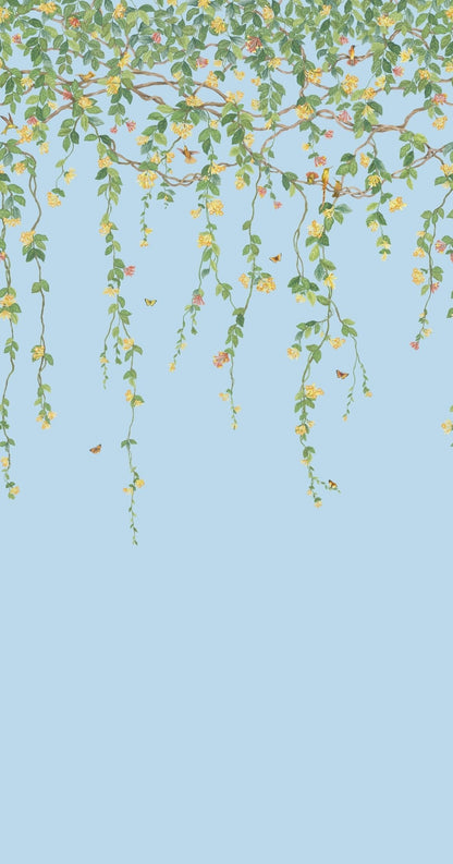 Hummingbirds Flora Wallpaper - Buttercup Yellow on Cornflower Blue - 124/2011 - Cole & Son - Premier Wallcovering
