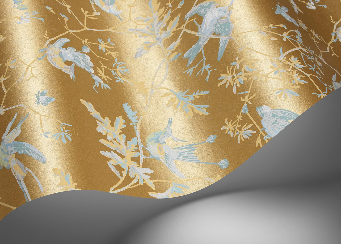 Hummingbirds Wallpaper - Ice Blue on Metallic Gold - 124/1006 - Cole & Son - Premier Wallcovering