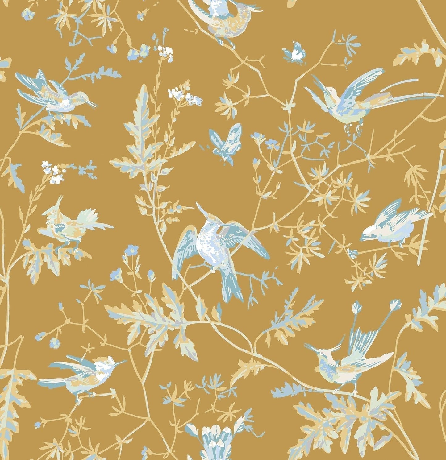Hummingbirds Wallpaper - Ice Blue on Metallic Gold - 124/1006 - Cole & Son - Premier Wallcovering