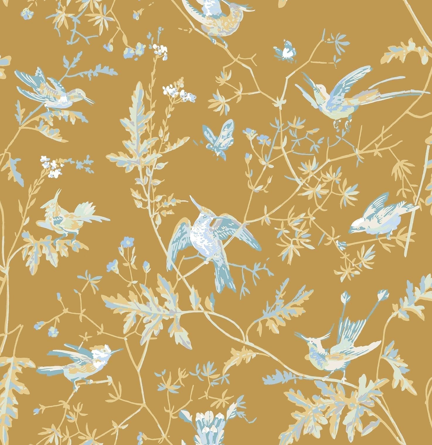 Hummingbirds Wallpaper - Ice Blue on Metallic Gold - 124/1006 - Cole & Son - Premier Wallcovering