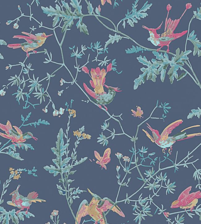 Hummingbirds Wallpaper - Multi, Petrol on Midnight - 100/14068 - Cole & Son - Premier Wallcovering