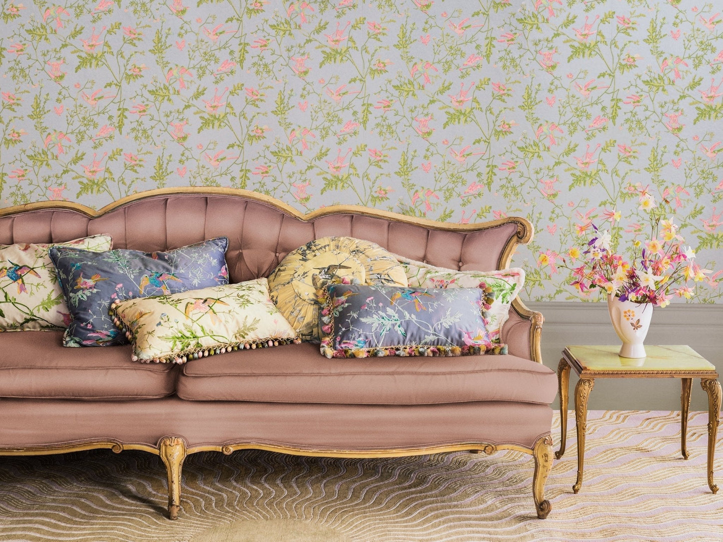 Hummingbirds Wallpaper - Rose & Olive on Grey - 124/1003 - Cole & Son - Premier Wallcovering
