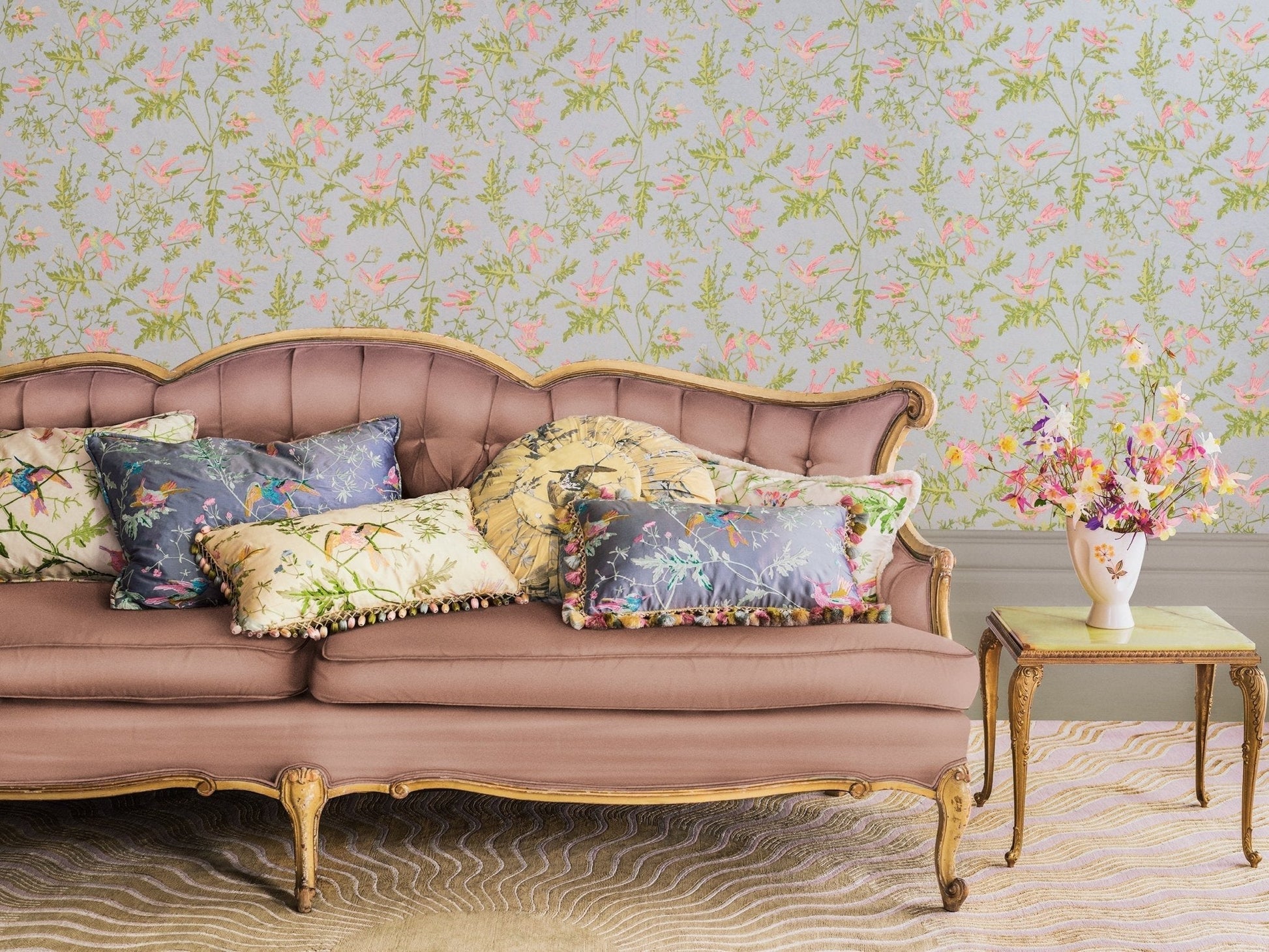 Hummingbirds Wallpaper - Rose & Olive on Grey - 124/1003 - Cole & Son - Premier Wallcovering