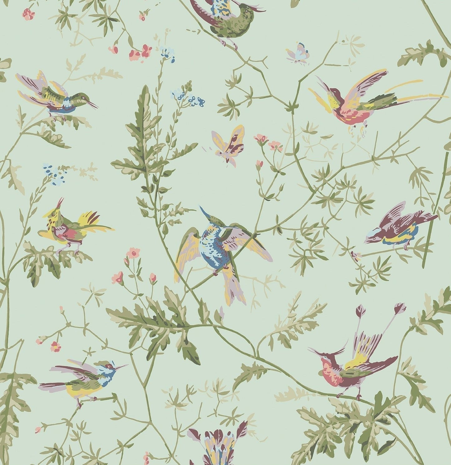Hummingbirds Wallpaper - Multi, Old Olive on Duck Egg Mica - 124/1007 - Cole & Son - Premier Wallcovering