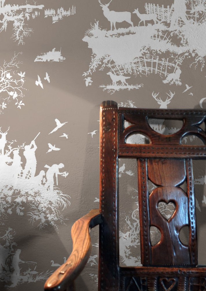Hunting Toile Wallpaper - White on Stone - Timorous Beasties - TB/HTOIL/4008/06 - Premier Wallcovering