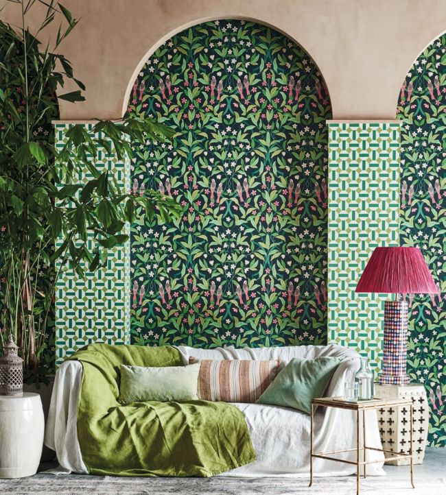 Jasmine & Serin Symphony Wallpaper - Yellow & Leaf Green on Dark Forest Green - 117/10029 - Cole & Son - Premier Wallcovering