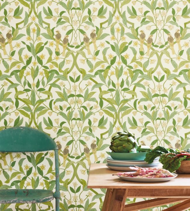 Jasmine & Serin Symphony Wallpaper - Chartreuse & Olive Green on White - 117/10031 - Cole & Son
