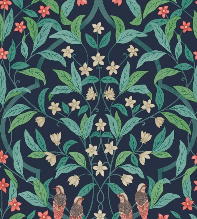 Jasmine & Serin Symphony Wallpaper - Coral & Petrol on Ink - 117/10030 - Cole & Son - Premier Wallcovering