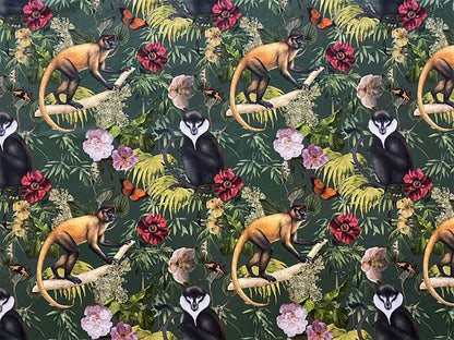 Jungle Monkey Emerald Velvet Fabric