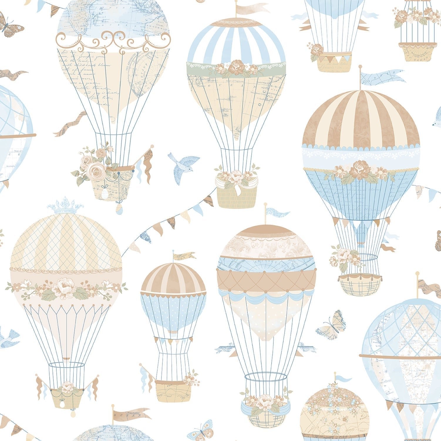 Just 4 Kids 2 Hot Air Balloons Wallpaper - Blue / Beige - Galerie - G56544 - Premier Wallcovering