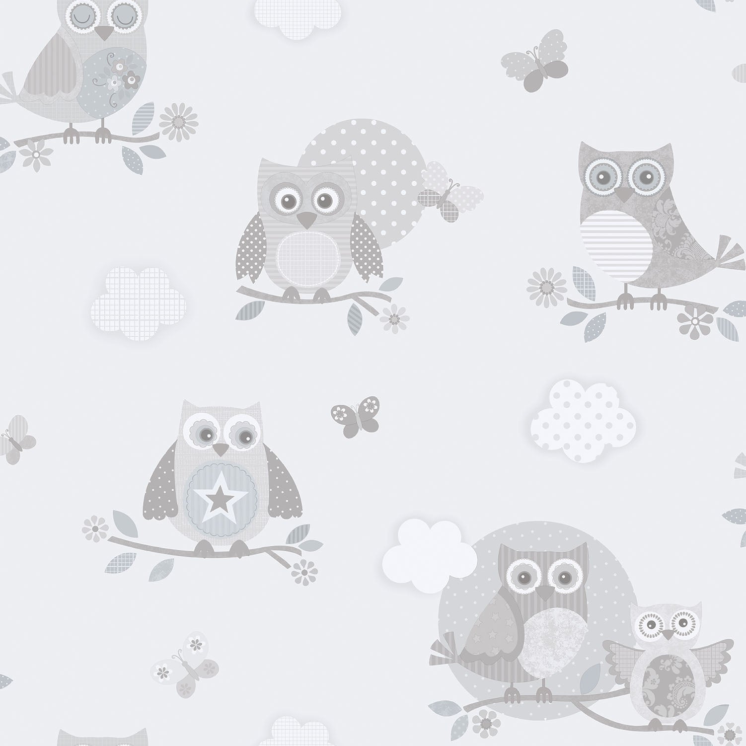 Just 4 Kids 2 Owls Wallpaper - Grey - Galerie - G56503 - Premier Wallcovering
