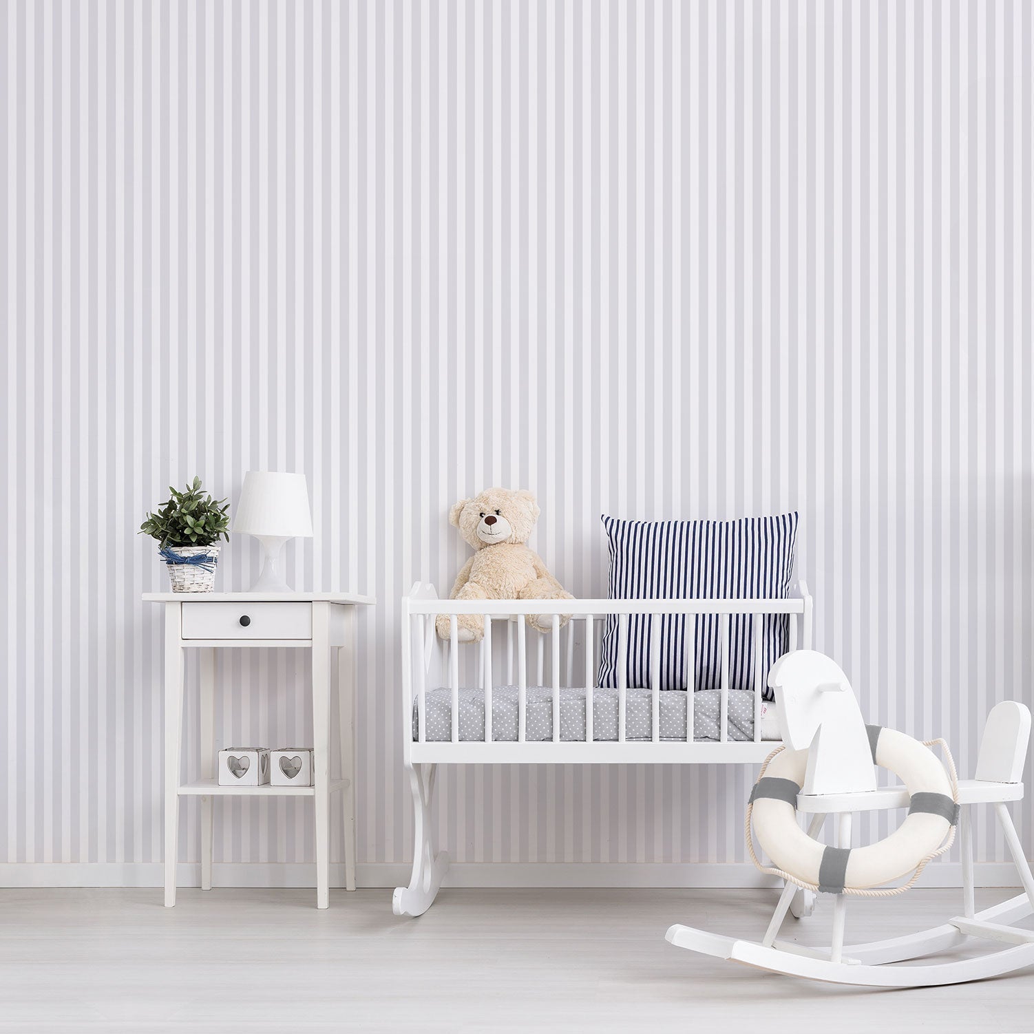 Just 4 Kids 2 Stripe Wallpaper - Light Grey / White - Galerie - G56519 - Premier Wallcovering