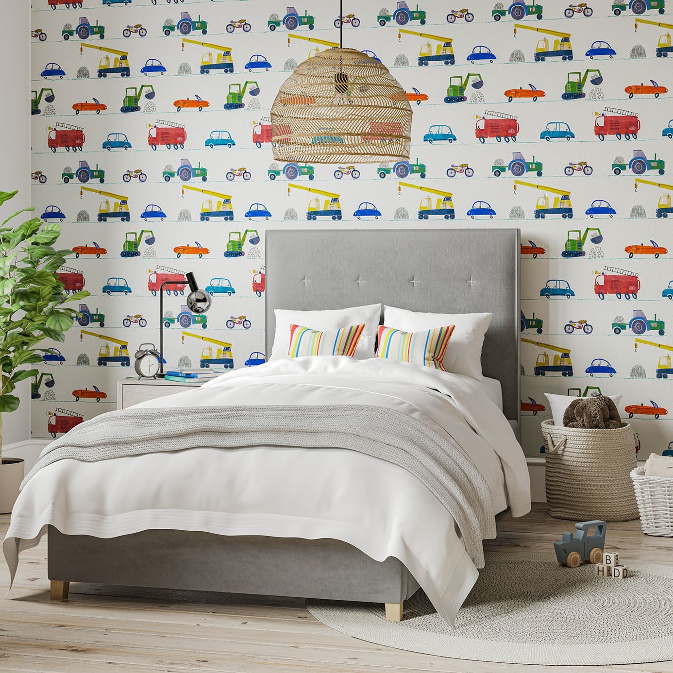 Just Keep Trucking Wallpaper - Tomato/Marine/Gecko - HLTF112643 - Harlequin 