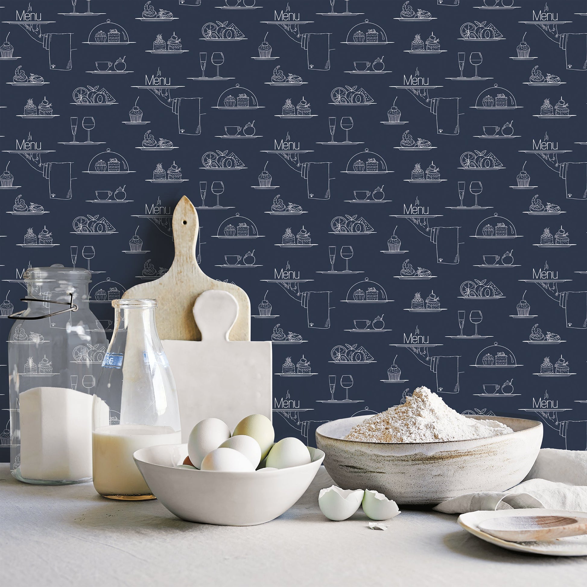 Just Kitchens Chalkboard Menu Wallpaper - Navy - Galerie - G45407 - Premier Wallcovering