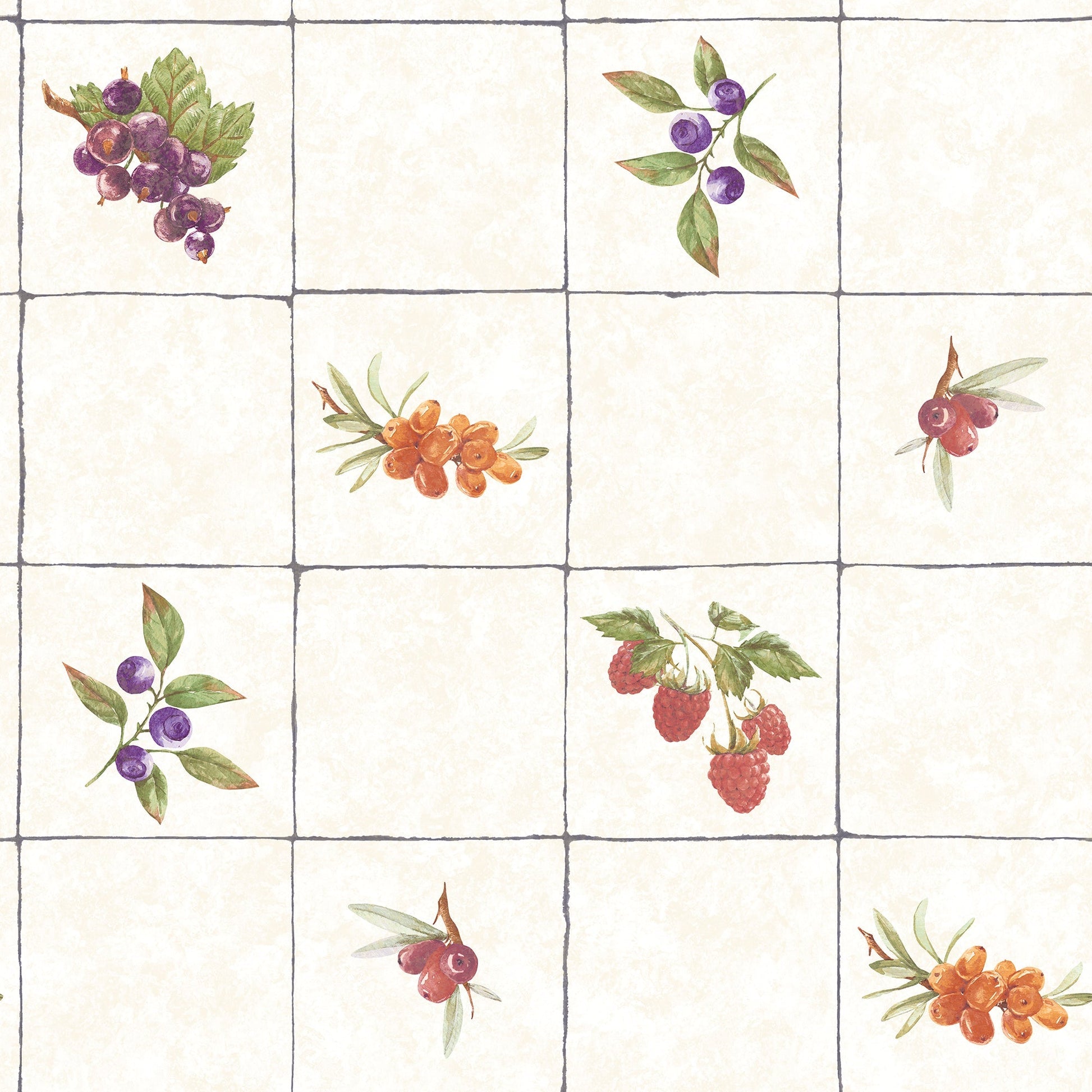 Just Kitchens Fruit Tile Wallpaper - Cream / Red / Purple / Orange - Galerie - G45418 - Premier Wallcovering