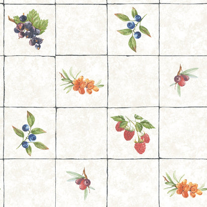 Just Kitchens Fruit Tile Wallpaper - Taupe / Red / Blue - Galerie - G45417 - Premier Wallcovering
