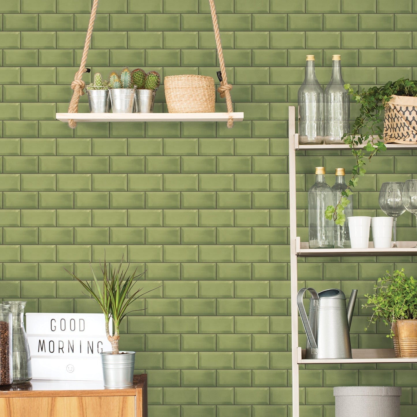Just Kitchens Metro Tile Wallpaper - Green - Galerie - G45446 - Premier Wallcovering