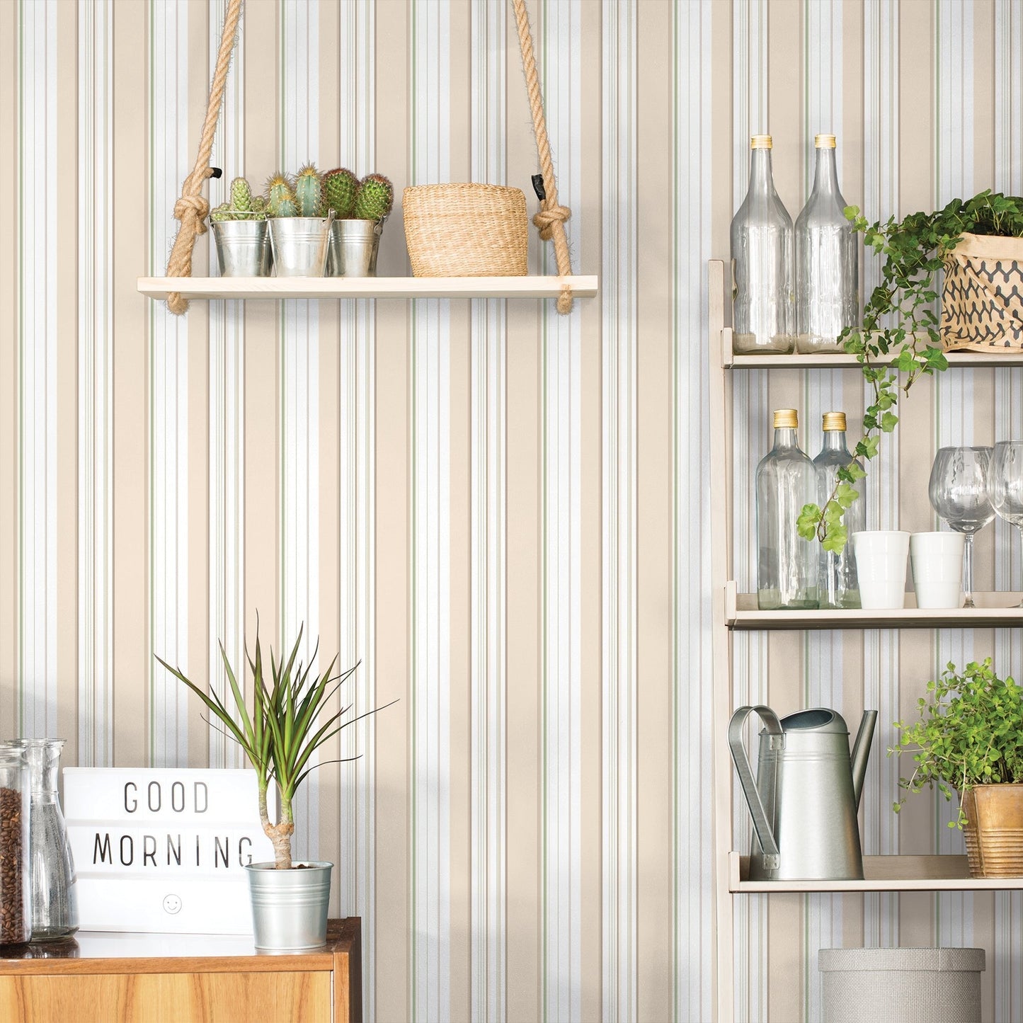 Just Kitchens Multi Stripe Wallpaper - Taupe / Green - Galerie - G45447 - Premier Wallcovering