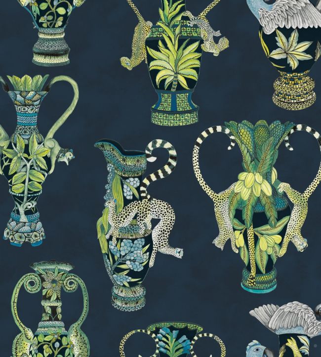 Khulu Vases Wallpaper - Multi Greens & Blues on Ink - 109/12058 - Cole & Son - Premier Wallcovering